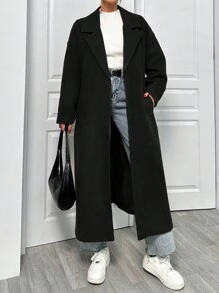 EURMUSE Lapel Neck Double Breasted Slant Pocket Waist Belt Tie-Up Woolen Overcoat