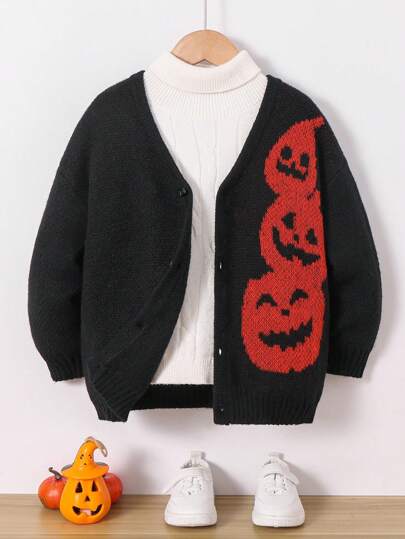 SHEIN 1pc Young Boys Casual Comfortable Warm Funny Pumpkin Pattern Black Loose V-Neck Long Sleeve Cardigan Sweater, Suitable For Halloween, Outings, School, Gatherings In Autumn/Winter
