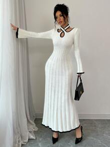 Chiquease Women Contrasting Trim Hollow Out Long Sleeve Long Knitted Sweater Dress, Elegant
