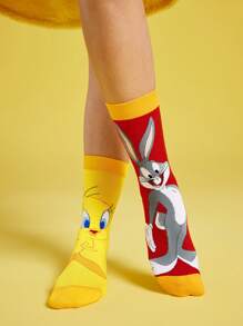 LOONEY TUNES X SHEIN 2 pares de calcetines de mujer de media pantorrilla con diseño asimétrico de bloques de color y estampado de dibujos animados