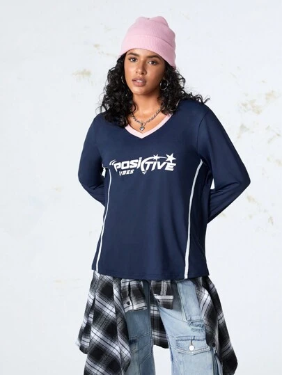 SHEIN Sports Plus Size Contrast Color Collar Front Panel Print Long Sleeve Sport Tee, Autumn/Winter