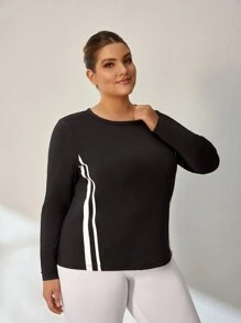 Easithlete 大码长袖圆领拼色条纹宽松运动上衣