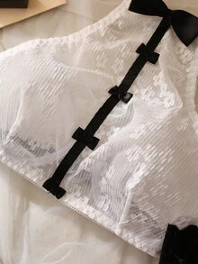 Ruffled Collared Contrast Color Top + Thong Panty + Garter Belt + Thigh-High Socks Sexy Lingerie Set For Women - Black and White - View 7