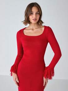 Enchnt Femmes Pull ajusté élégant de couleur unie avec poignets en dentelle, automne/hiver - Noir - Voir 6