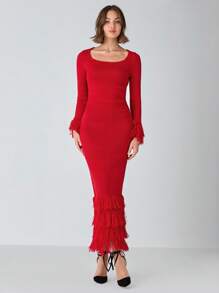 Enchnt Jupe-pull maxi à ourlet duveteux de couleur unie pour femmes, automne/hiver