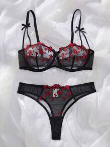 SHEIN 2pcs Set Pink Romantic Cute Lingerie Set, Sexy - Black - View 3