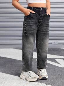 SHEIN Young Girl Y2K Style Gray Distressed Fluffy Lined Loose Fit Jeans,Warm And Casual Denim Pants For Girls In Autumn/Winter - Grey - View 3