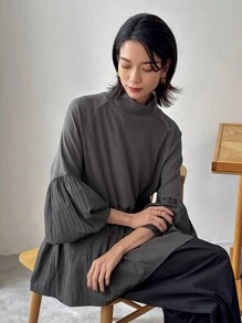 FRIFUL Women Loose Hemline Mixed Fabric Blouse