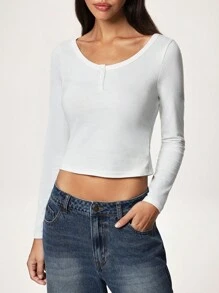 Forever 21 Blue Round Neck Button-Up Long Sleeve Top - White - View 3