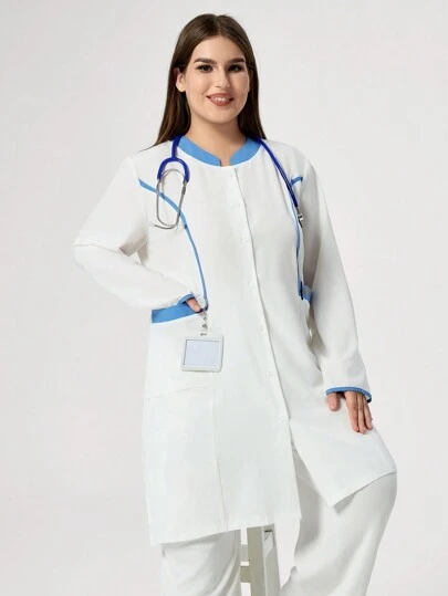 TaskEZ Plus Size Women Contrast Piping Pocket Detailed Nurse Dress