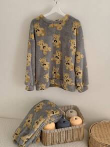 DAZY Cute Bear Pattern Flannel Thicken Pajama Set For Winter,Thermal Lined