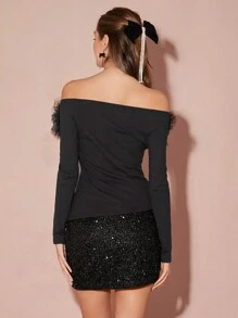Enchnt Spring/Winter Romantic Women's Black Sexy Elegant Mesh Decor Off Shoulder Fitted Top,Sweet&Elegant For Valentine's Day&Christmas Party&New Years&Birthday&Holiday &Sweet Date Night - Black - View 9
