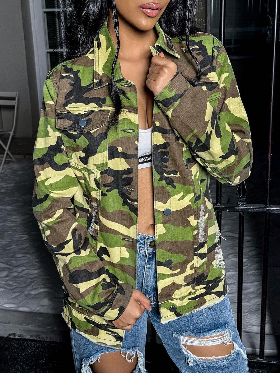 女式纽扣迷彩休闲单排扣牛仔夹克，秋季 - 卡其色 - 查看 1