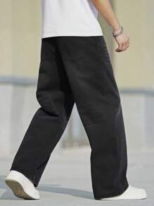 Manfinity Homme Pantalones vaqueros de pierna ancha de unicolor casuales con bolsillos, pantalones vaqueros anchos lisos de gran tamaño lavados negros tipo cargo, para regalos de esposo o novio