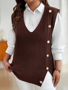 Calvaya 大码女士休闲时尚修身无袖纽扣毛衣背心，秋冬 - 棕色 - 查看 5