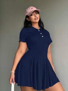 POPSWAY Casual Simple Stand Collar Shift Dress For Women - Navy Blue - View 6