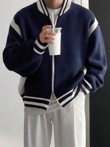 DAZY Men's Autumn Contrast Color Stripe Print Baseball Collar Zip-Up Long Sleeve Cardigan Jacket - Blue and White - View 2