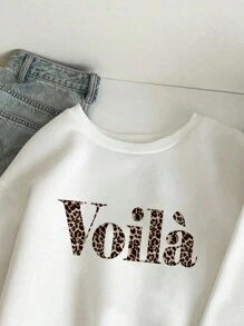 SHEIN Leap Crew Tween 女童休闲简约字母图案宽松圆领厚运动衫，适合秋冬季