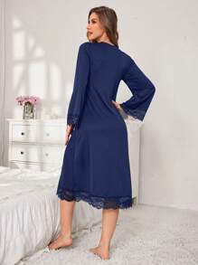 Abito da notte casual da donna con dettagli in pizzo a contrasto e fiocco, maniche a sbuffo, comodo ed elegante, adatto per l'autunno e l'inverno - Blu Navy - Visualizzare 6