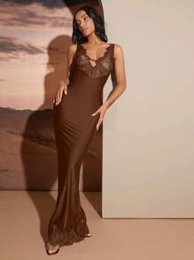 Hauture Lace Detail Trim Maxi Elegant Party Dress - Coffee - View 1