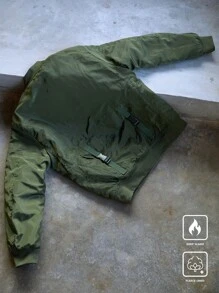 Manfinity Roghcode 男士前拉链长袖简约多口袋实用加厚外套，休闲日常穿着，秋季男装，军绿色冬季男士外套 - 綠色 - 查看 3