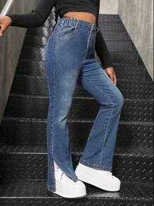 Tween Girl Casual Elastic Flare Washed Jeans, Versatile And Comfortable For Everyday Wear - Medium Wash - View 4