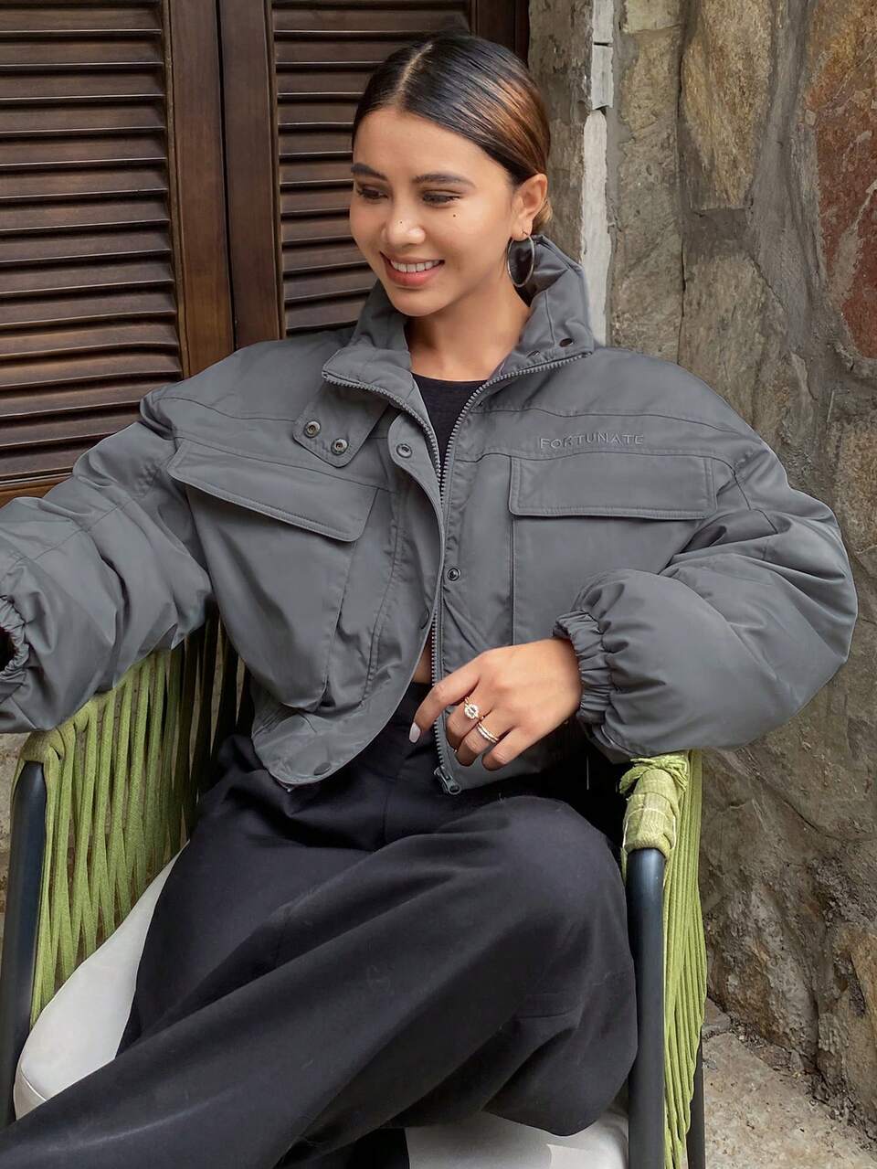 Women's Letter Embroidered Long Sleeve Loose Down Jacket With Stand Collar ,Winter Women Clothes,Winter Coat Women