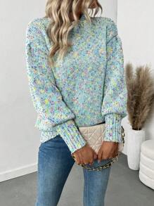 SHEIN LUNE 1 件女士时尚扎染圆领落肩长袖毛衣，秋冬 - 薄荷綠 - 查看 5