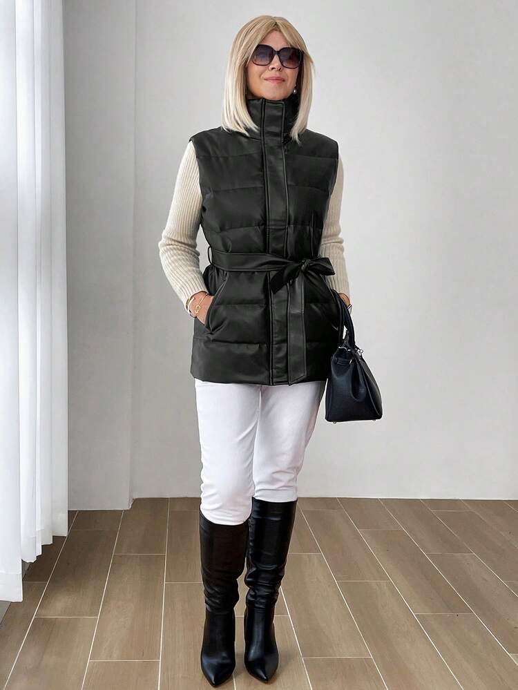 Women's Solid Zipper Collar Pockets Casual Down& Feathers Vest Jacket, Winter