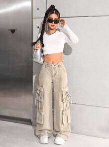 SHEIN 少女 Y2K 时尚卡其色高腰宽松阔腿工装牛仔裤，配有实用口袋，百搭风格，少女冬季街头装