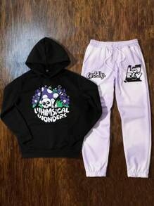 Manfinity Hypemode Young Men's Casual And Fun Mushroom Cartoon Pattern With Letter Print Design, Hooded Black Pullover Sweatshirt And Drawstring Purple Sweatpants Set ,Men Two Pieces Outfits ,Men Tracksuit