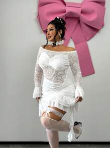 SHEIN SXY 大码女式甜美热辣露肩蕾丝网眼荷叶边长袖连衣裙，适合圣诞夜、秋冬季、约会之夜、生日、单身派对装，可爱、休闲、购物、街头装、外出，易于搭配且看起来苗条，突出您的身材，凸显身材 - 白色 - 查看 6