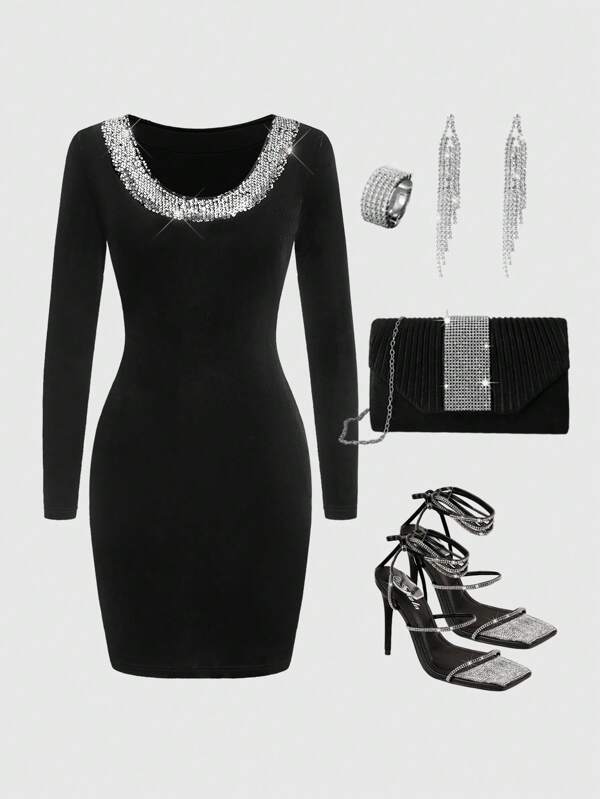 Ellevyn 1pc Bodycon Black Short Dress, Romantic Social Elegant Long Sleeve Open Back Party & Daily Wear, Velvet Beaded Bodycon Christmas