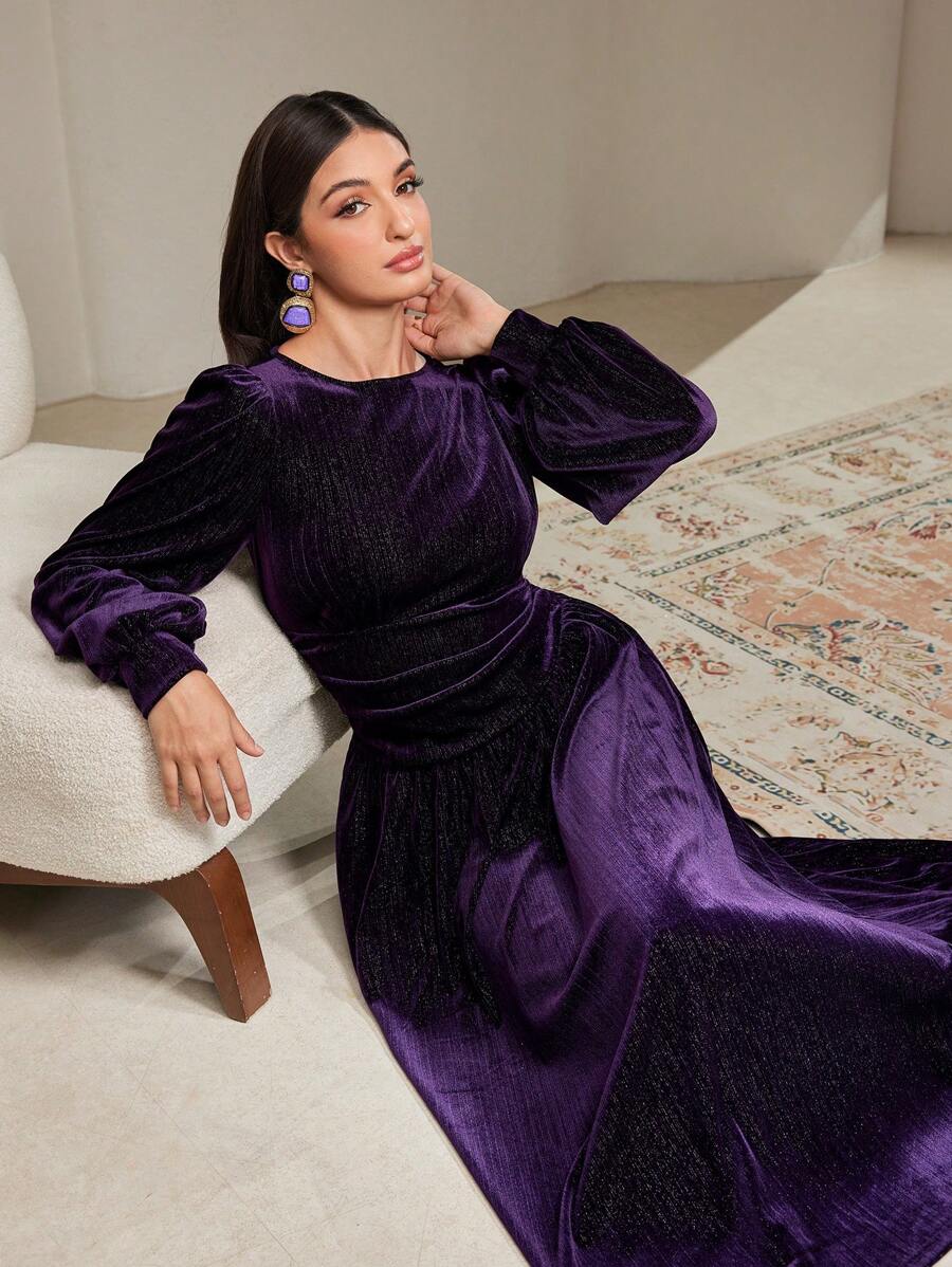Veilorie Women Solid Color Round Neck Lantern Sleeve Elegant Arabian Modest Long Sleeve Dress - Purple - View 1