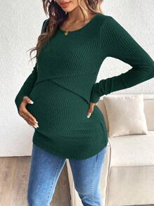 SHEIN Maternity Casual Solid Color Slim Nursing Long Sleeve T-Shirt, Nursing T-Shirt, Autumn/Winter - Green - View 5