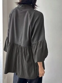 FRIFUL Women Loose Hemline Mixed Fabric Blouse