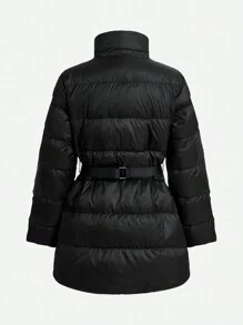 SHEIN Essnce 1pc Women's Solid Color Zip Front Stand Collar Casual Down& Feathers Jacket, Winter - Black - View 3