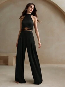Anewsta 2pcs/Set Urban Minimalist Women Chain Decor Sleeveless Top & Wide Leg Pants Set