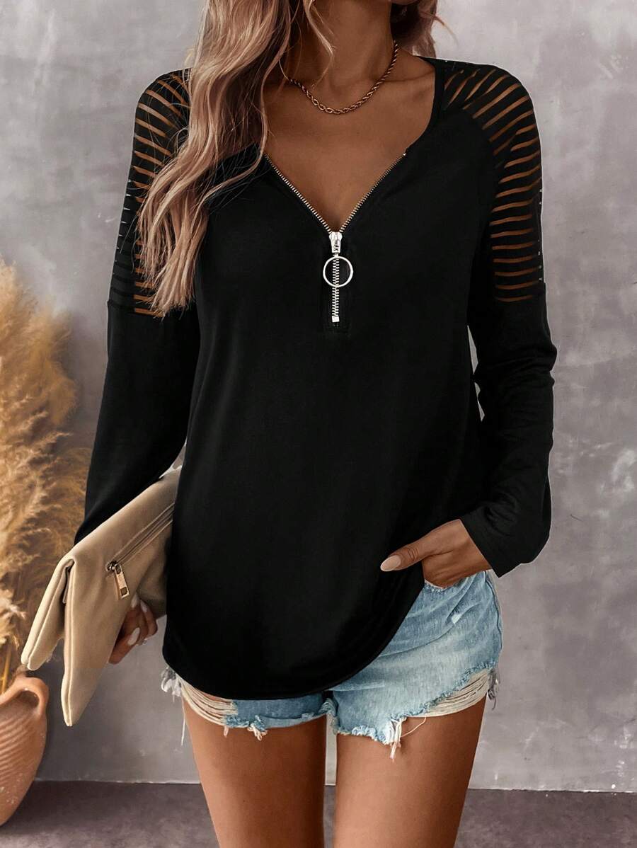 SHEIN LUNE Áo thun dệt kim cổ chữ V tay raglan hở vai chắp vá mùa thu dành cho nữ - màu đen - Xem 1