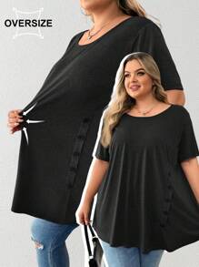 SHEIN CURVE+ 大码纽扣细节不对称下摆 T 恤 - 黑色 - 查看 1