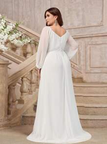 加大码白色甜心领长袖简约优雅婚纱，新娘送礼会礼服白色礼服，新娘 - 白色 - 查看 2