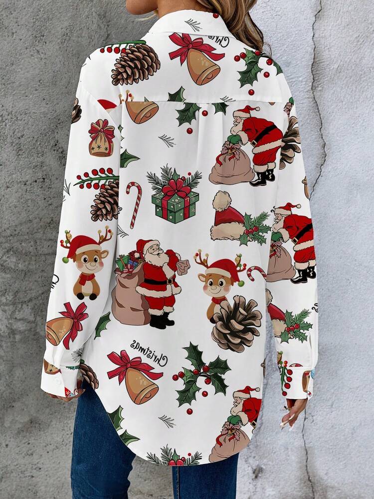 Casual Minimalist Christmas Element Graphic Loose Button-Down Shirt, Long Sleeve For Women, Suitable For Autumn And Winter