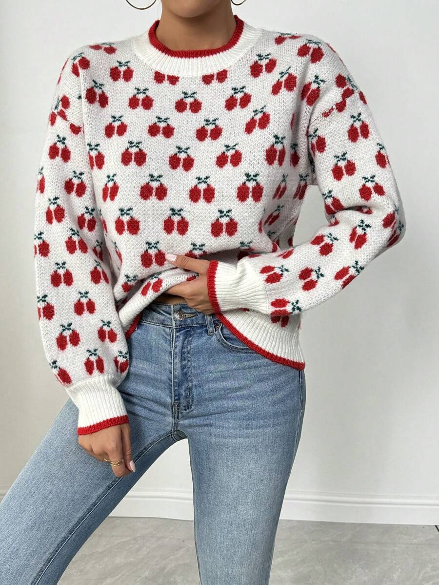 Chiquease Women's Beige Crew Neck Red Cherry Pattern Thick Warm Pullover Sweater Knit Pullover Fall Winter Outfit