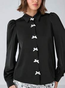 Enchnt 1pc Women's Bow Decor Puff Sleeve Elegant Blouse, Autumn - Black - View 8