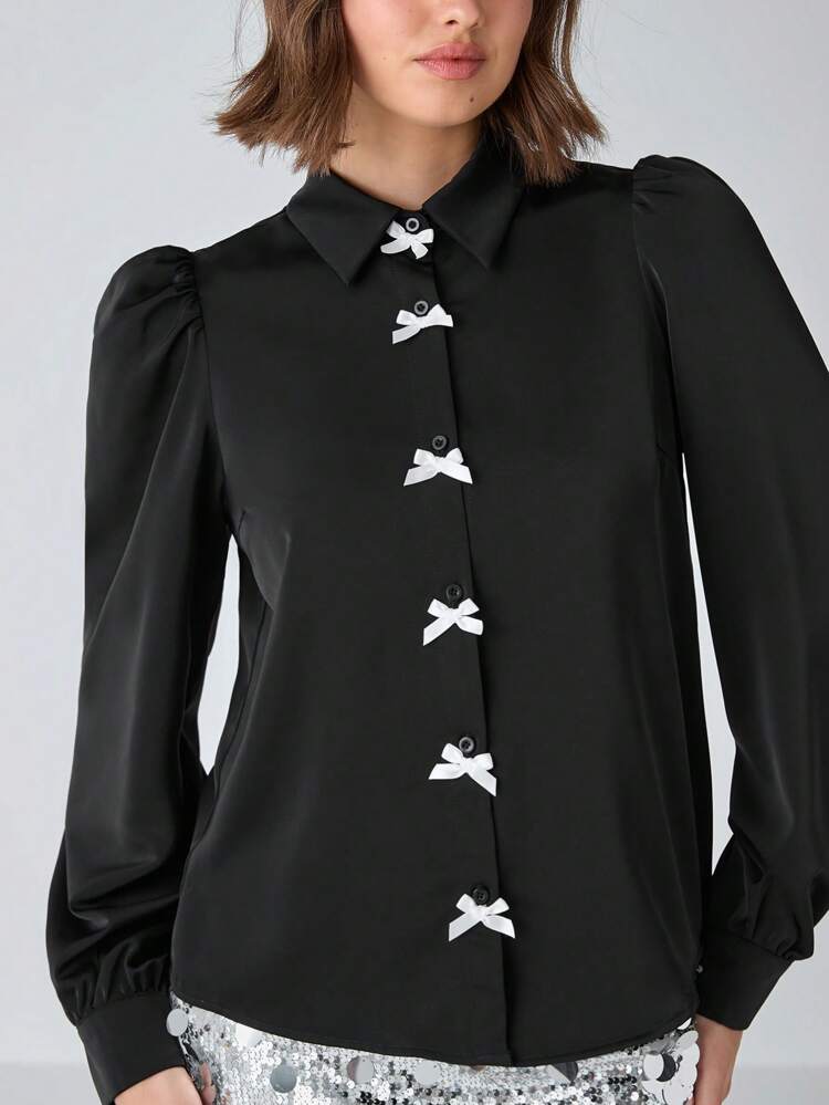 1pc Women's Bow Decor Puff Sleeve Elegant Blouse, Autumn