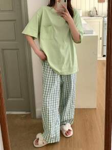 DAZY Set Of Round Neck T-Shirt Top And Plaid Pants Casual Loungewear Pajama