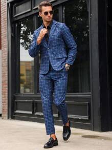 Manfinity Mode Men's Casual Checkered Suit Set - Navy Blue - View 8