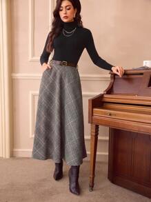 Vintamour Falda con estampado de cuadros de cintura alta estilo elegante y vintage con bolsillos para mujer, falda evasé casual para salir, fiestas, Navidad, otoño, atuendos de Acción de Gracias, de color marrón, burdeos, larga para otoño e invierno
