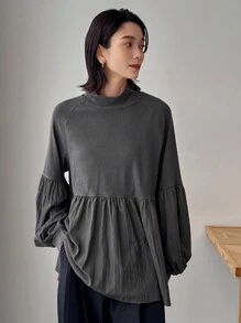FRIFUL Women Loose Hemline Mixed Fabric Blouse