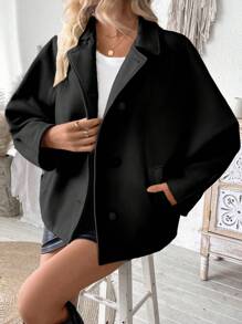 Chiquease 女款驼色 杏色 卡其色 纯色 贴袋 口袋 前开扣 蝙蝠袖 可爱 性感 长袖 秋冬 休闲 时尚 百搭 彼得潘领 大衣 外套